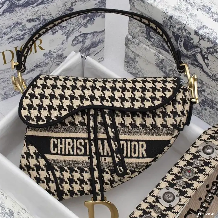 Dior Saddle Christian Canvas Motif Black Bag Houndstooth 0507